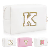 Personalized Initial Letter Patch Makeup Bag, Preppy Portable Chenille Letter Cosmetic Bag with Zipper, PU Leather Waterproof Travel Toiletry Bag Monogram Make Up Pouch for Women Girls(Letter K)